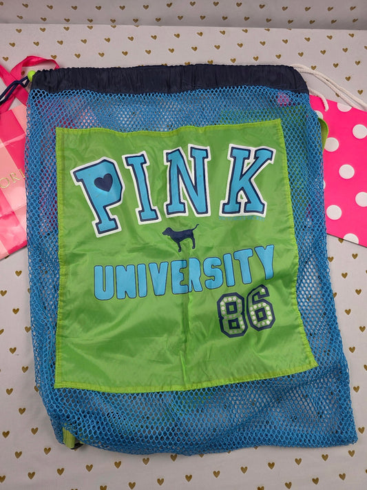 2007 VS PINK University 86 Mesh Laundry Bag Blue Green Dog BLING Vintage
