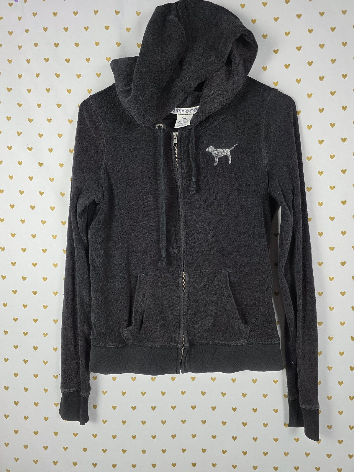 Victorias Secret Pink Vintage Y2K VELOUR Hooded Full Zip Black Jacket Sequin SM