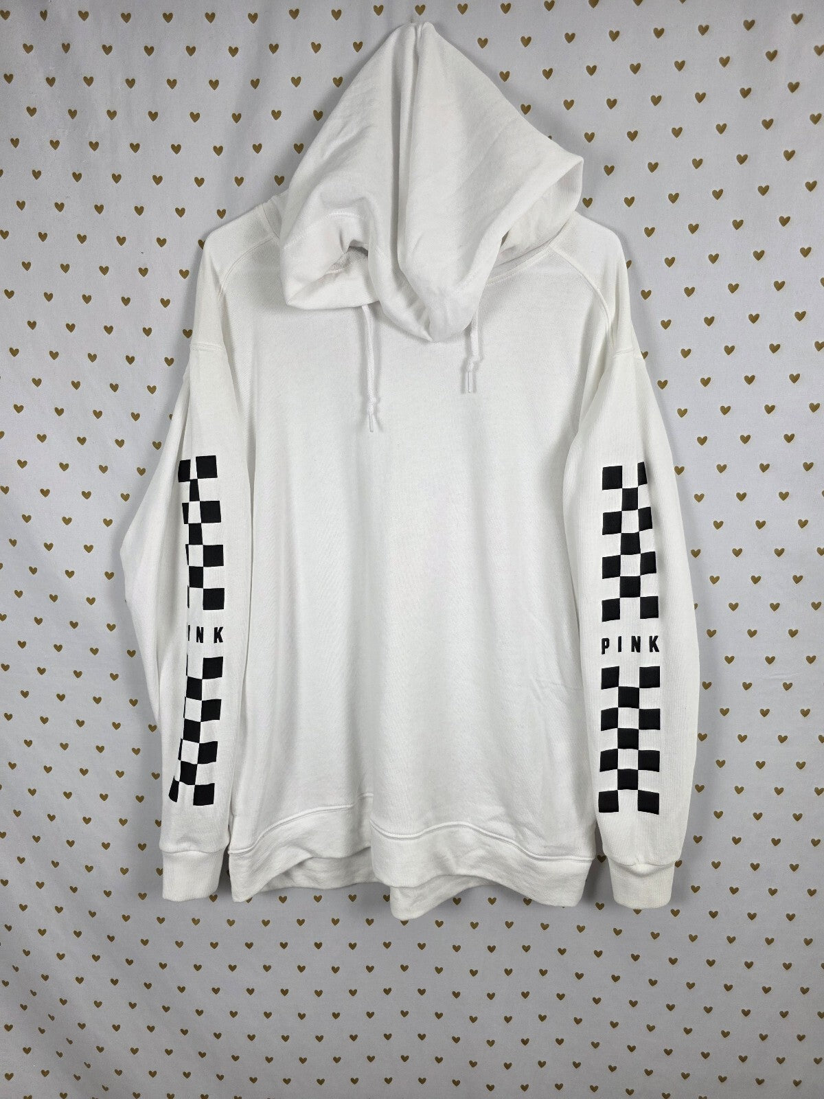Victorias Secret Pink Checkered Campus Pullover Hoodie White Large