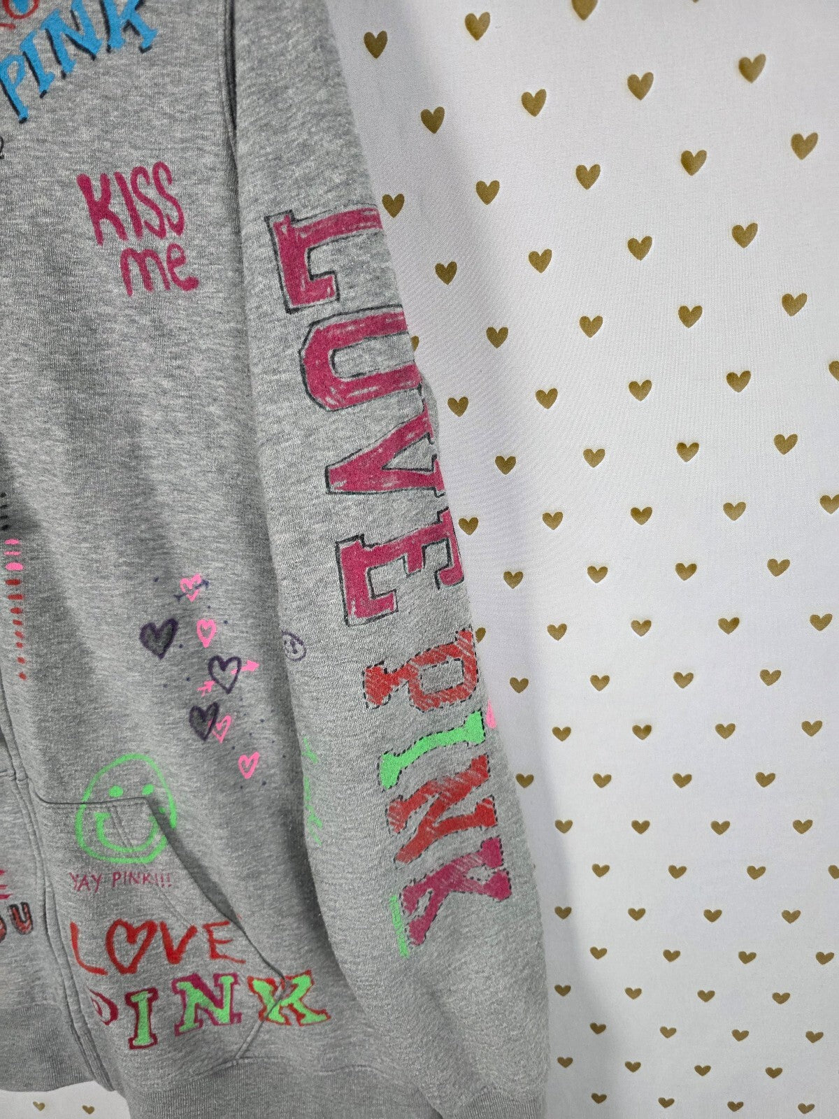 Vintage VS PINK Graffiti Doodle Full Zip Hoodie Gray Y2K Hearts Love M