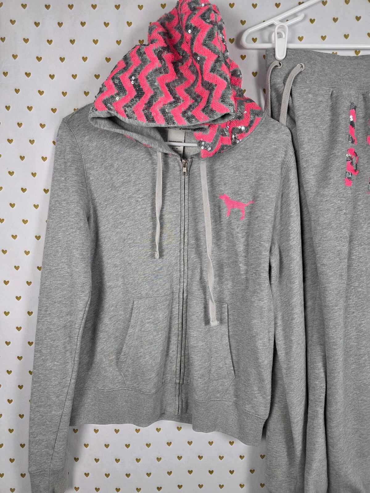 Victoria's Secret PINK Sequin Chevron Hoodie Jogger Set Gray Pink M/XS