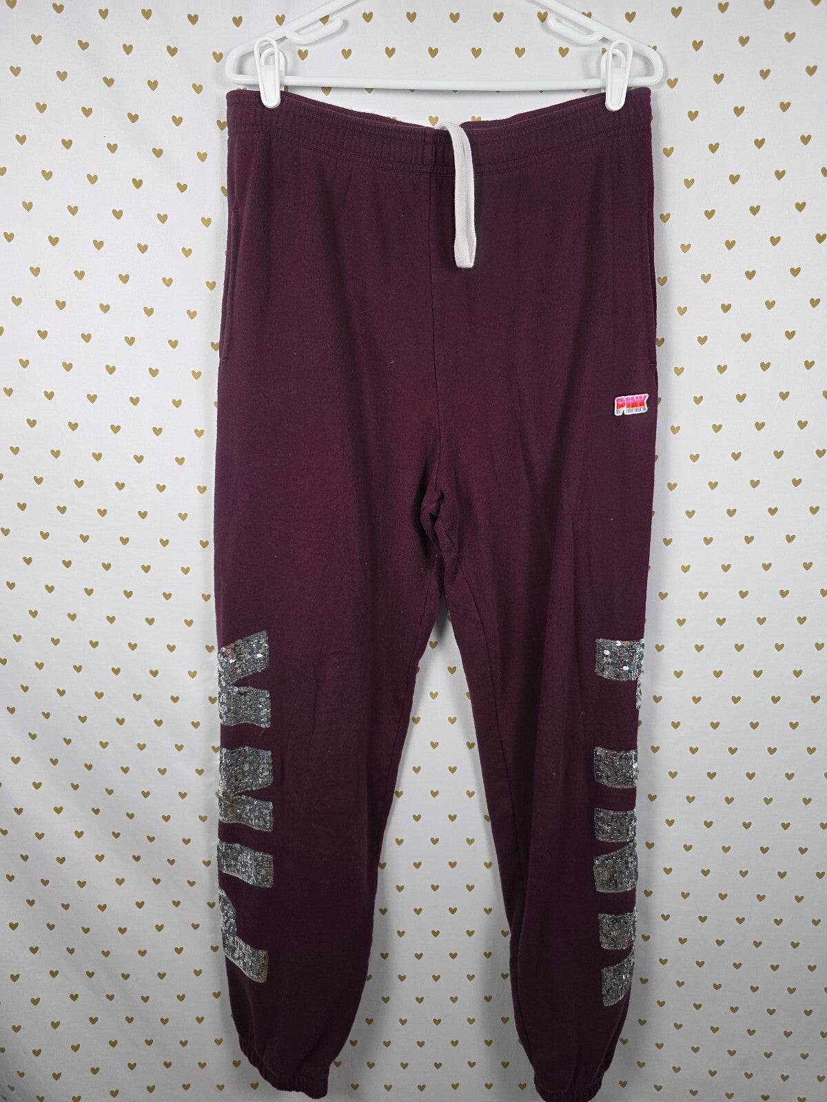 Victorias Secret PINK Maroon Mega Bling Logo Sweats Sweatpants Sequined Large