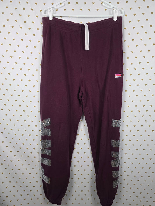 Victorias Secret PINK Maroon Mega Bling Logo Sweats Sweatpants Sequined Large
