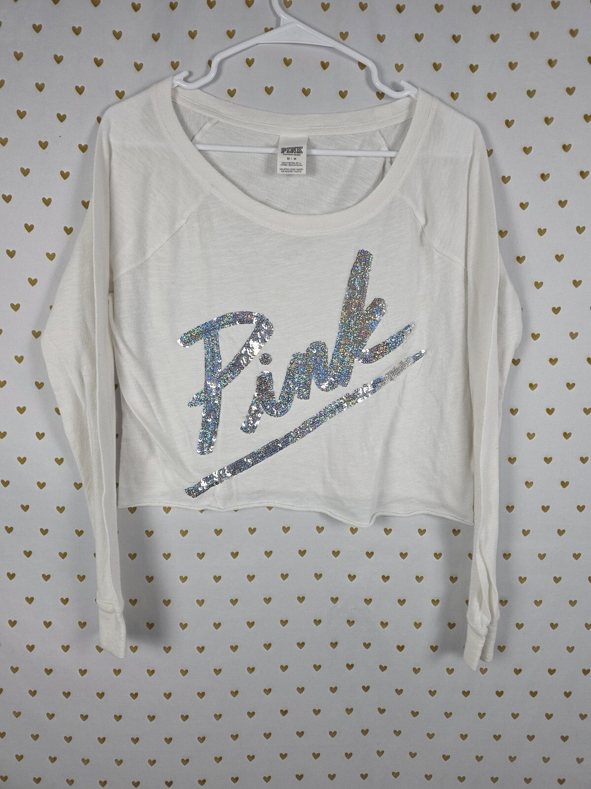 Victorias Secret PINK Cropped Bling Sequined Long Sleeve Tee shirt Logo Medium
