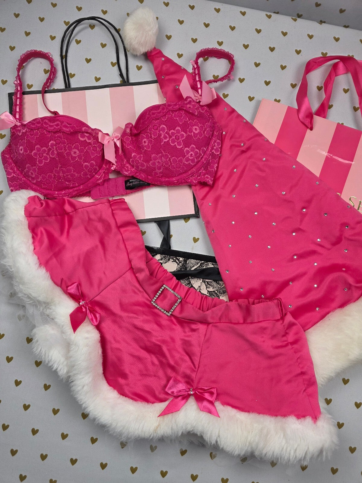 Victoria's Secret Sexy Little Things Santa Skirt Hat Bra 36D Pink BLING Set