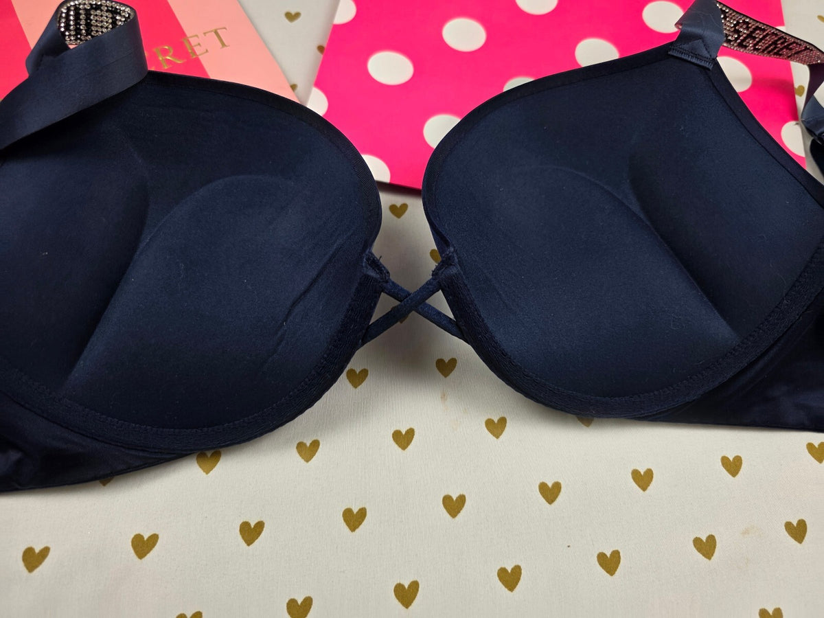 Victorias Secret Bling Strap Bombshell Plunge add 2 Sizes Bra Push Up Blue 34D