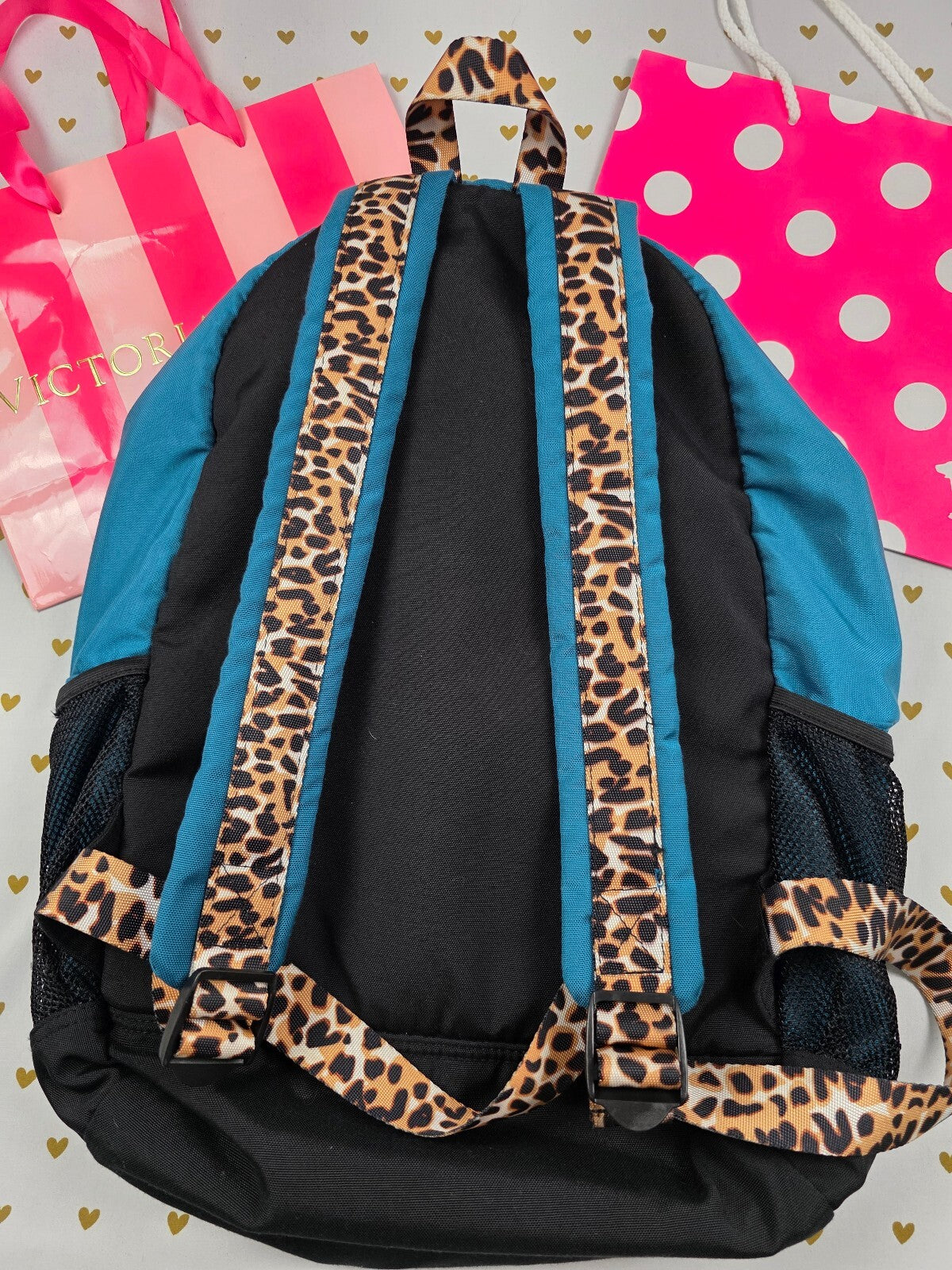 Victoria's Secret PINK Backpack Jade Teal Leopard Straps Full Size Bookbag