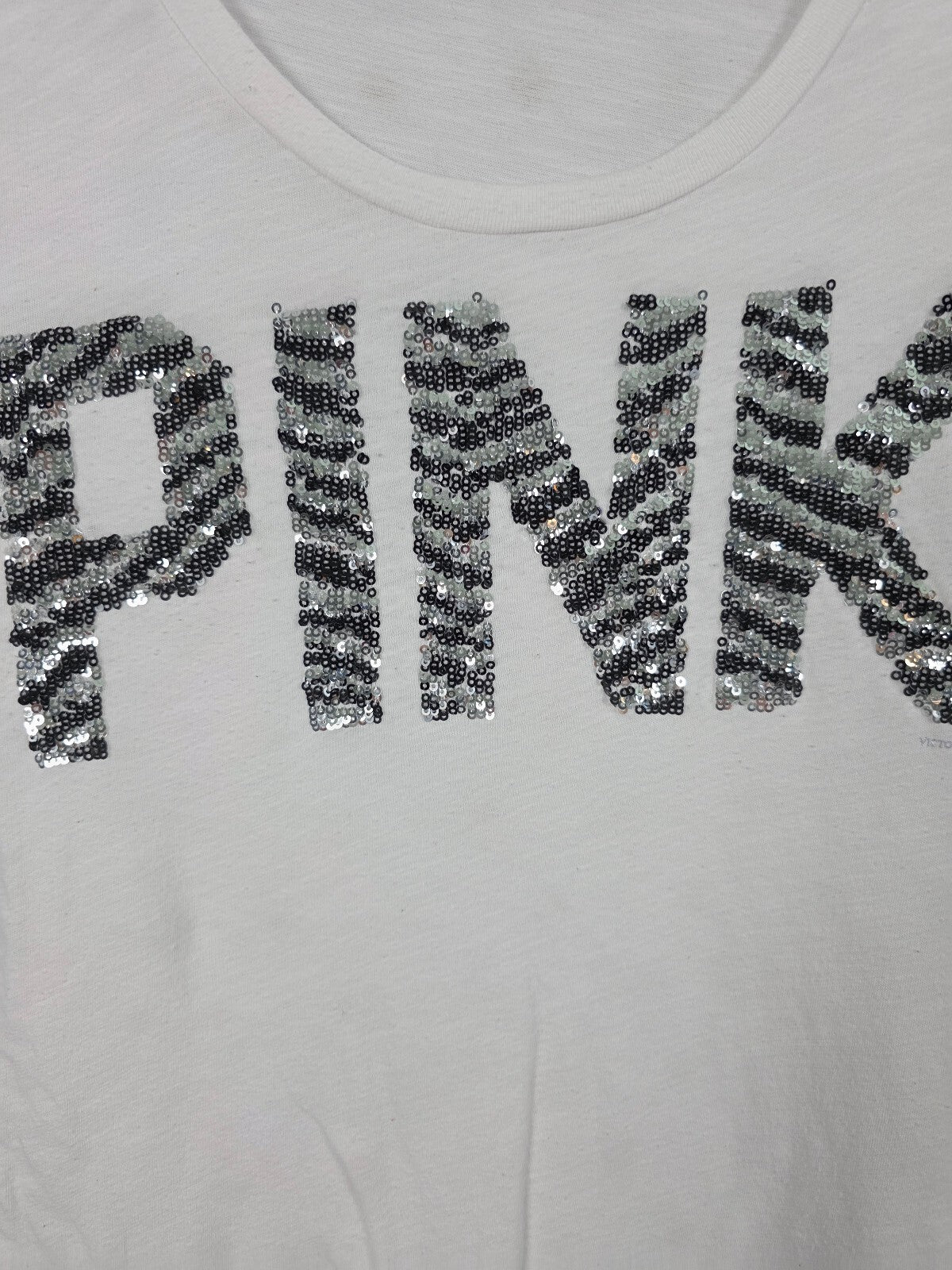 Victorias Secret PINK BLING Zebra Stripe Sequined Vintage Y2k Tee Shirt SMALL