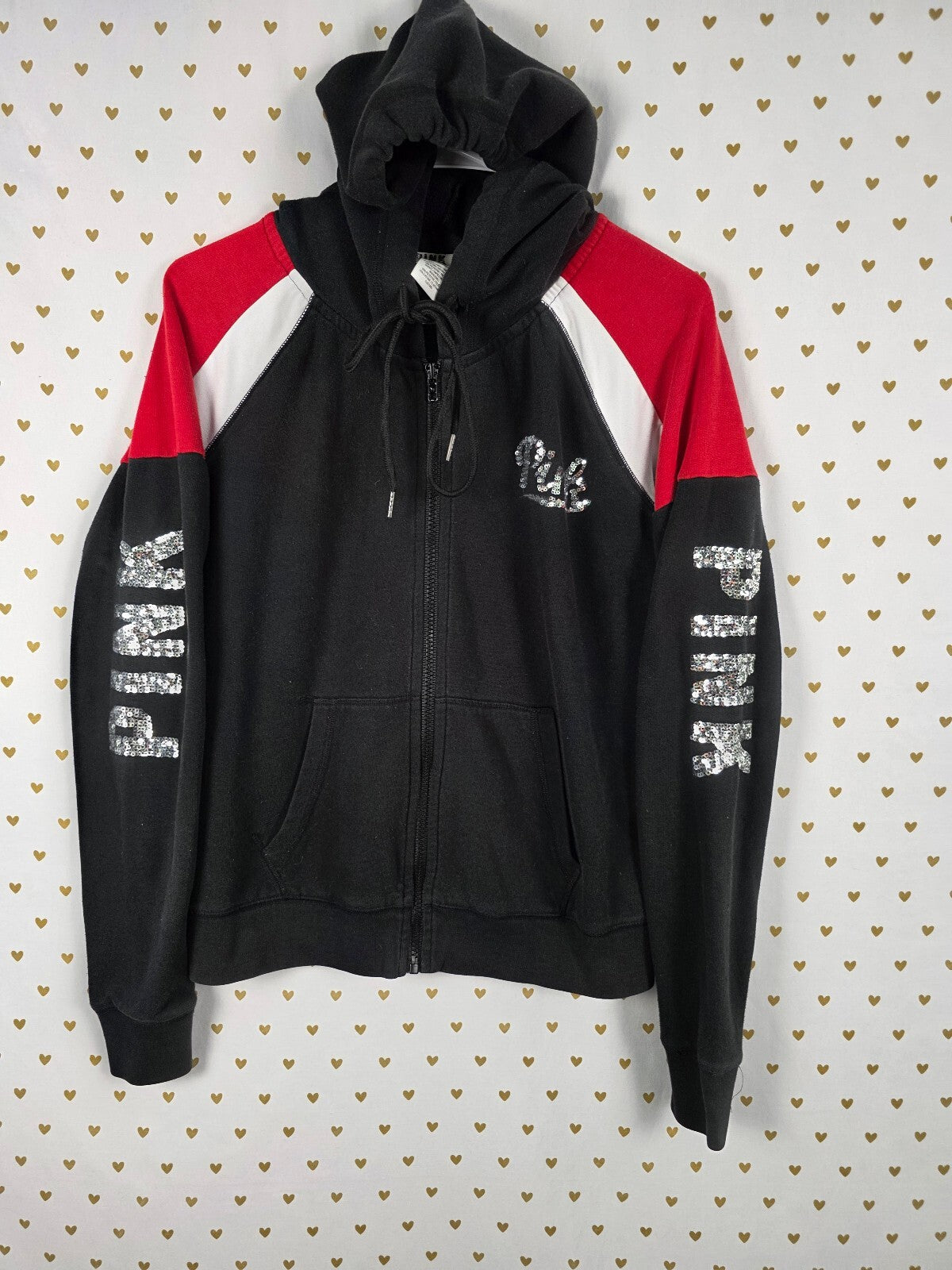 Victorias Secret Pink BLING Silver Sequin Full Zip Hoodie Jacket Logo MEDIUM