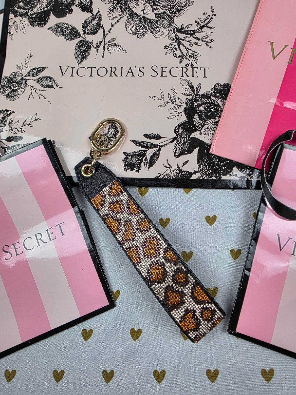 Victoria Secret BLING wristlet strap keychain Studded Rhinestone Leopard Cheetah