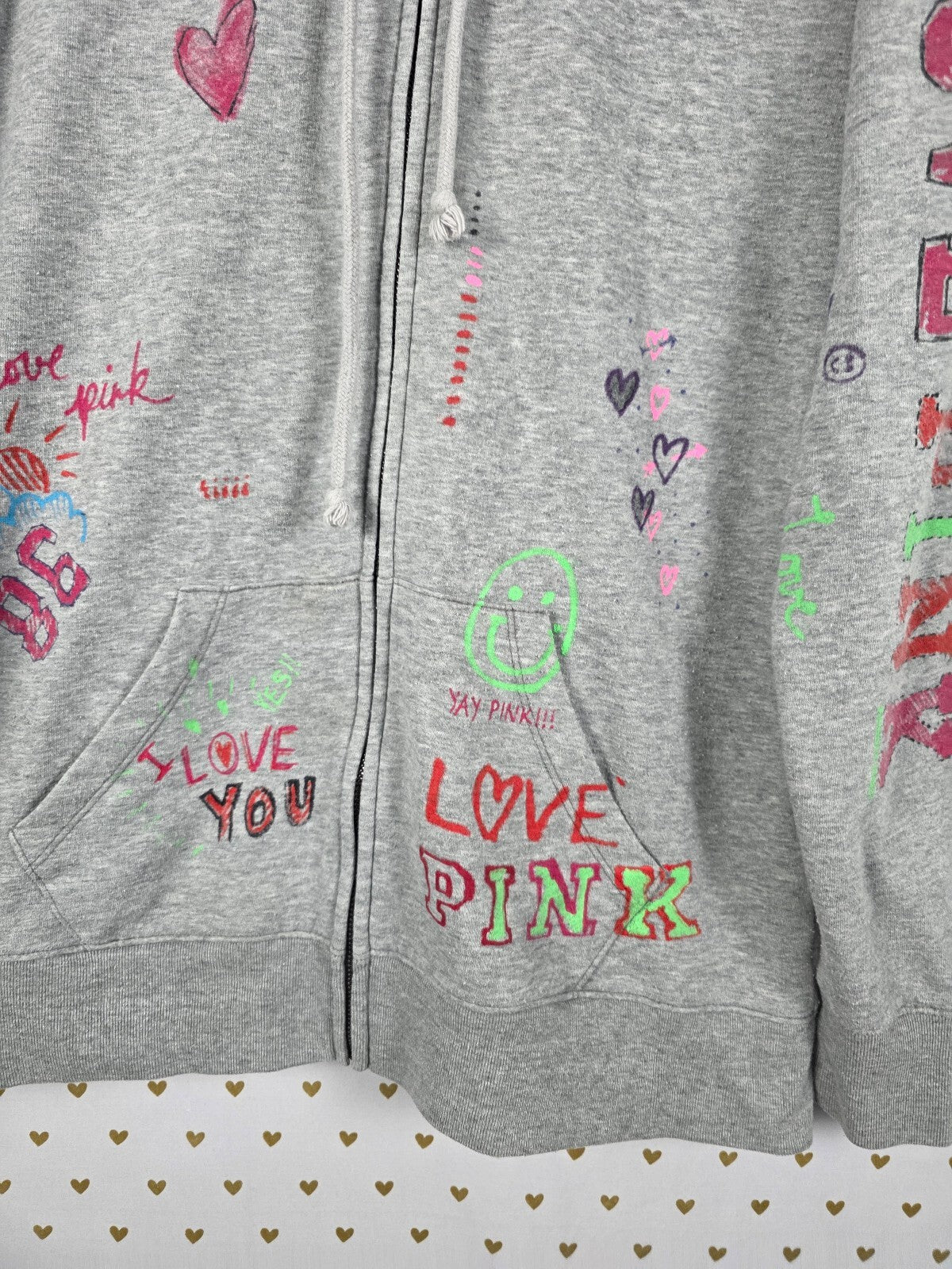 Vintage VS PINK Graffiti Doodle Full Zip Hoodie Gray Y2K Hearts Love M