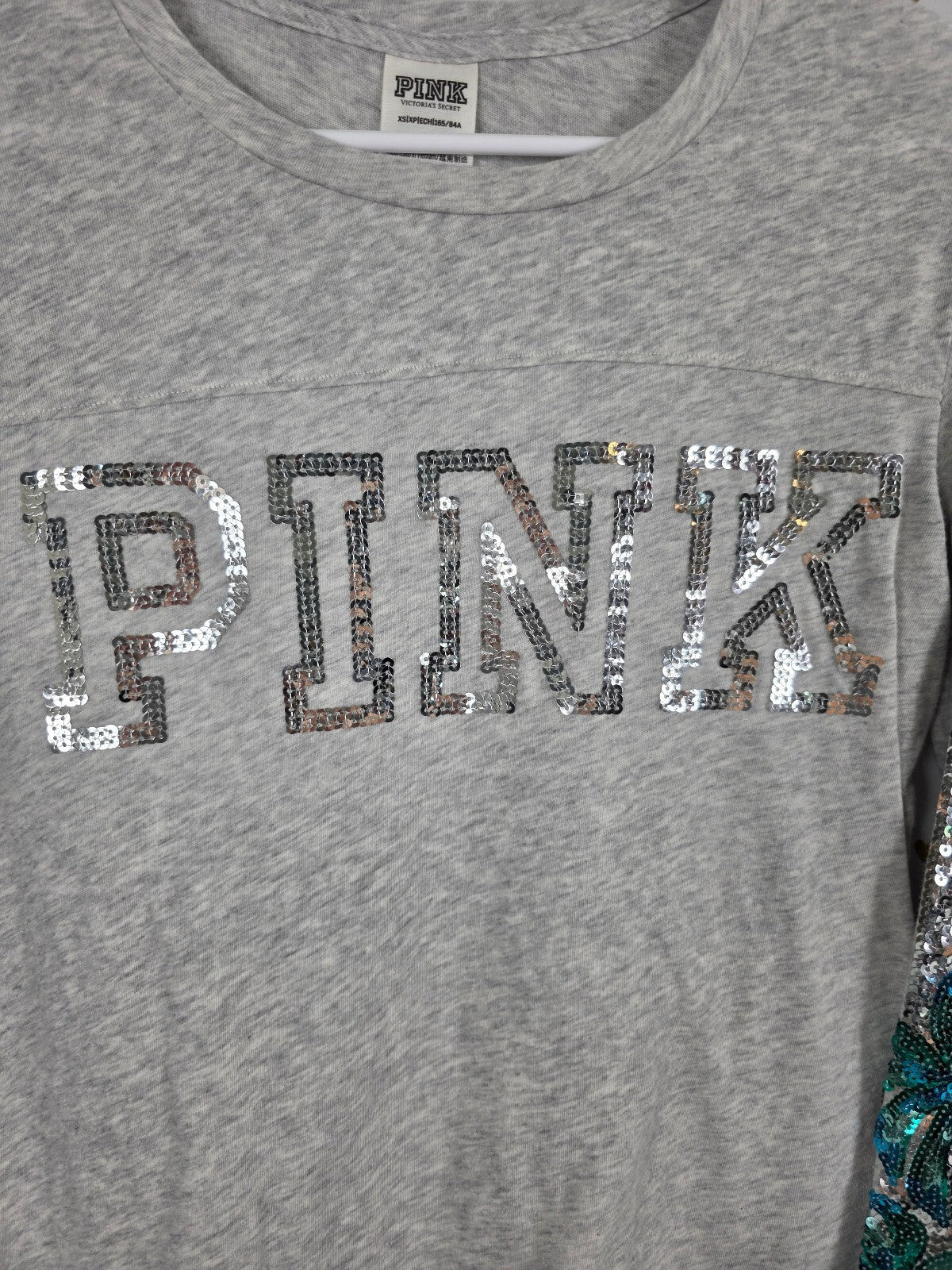 Victorias Secret PINK Palm BLING Logo XS Grey Long Sleeve Sequined Tee Shirt