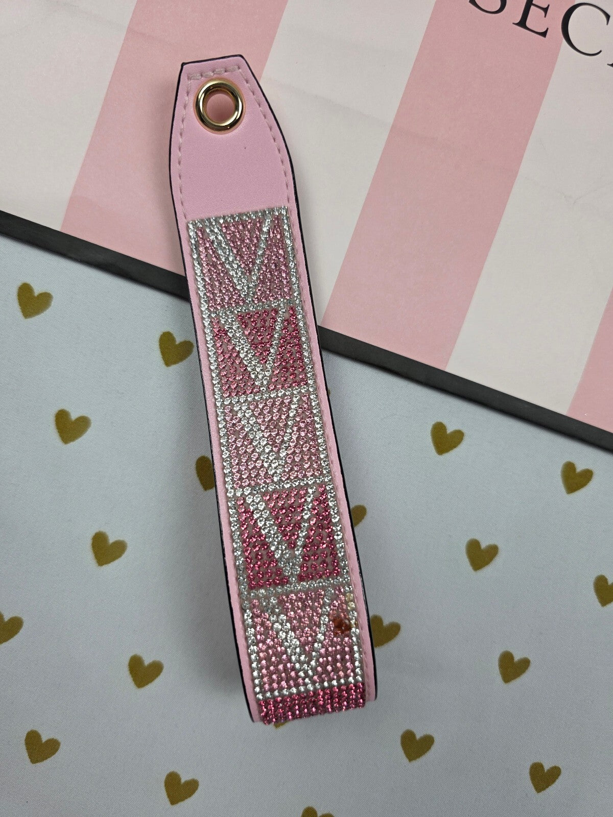 Victoria Secret BLING wristlet strap keychain Logo Rhinestone Studded Handle