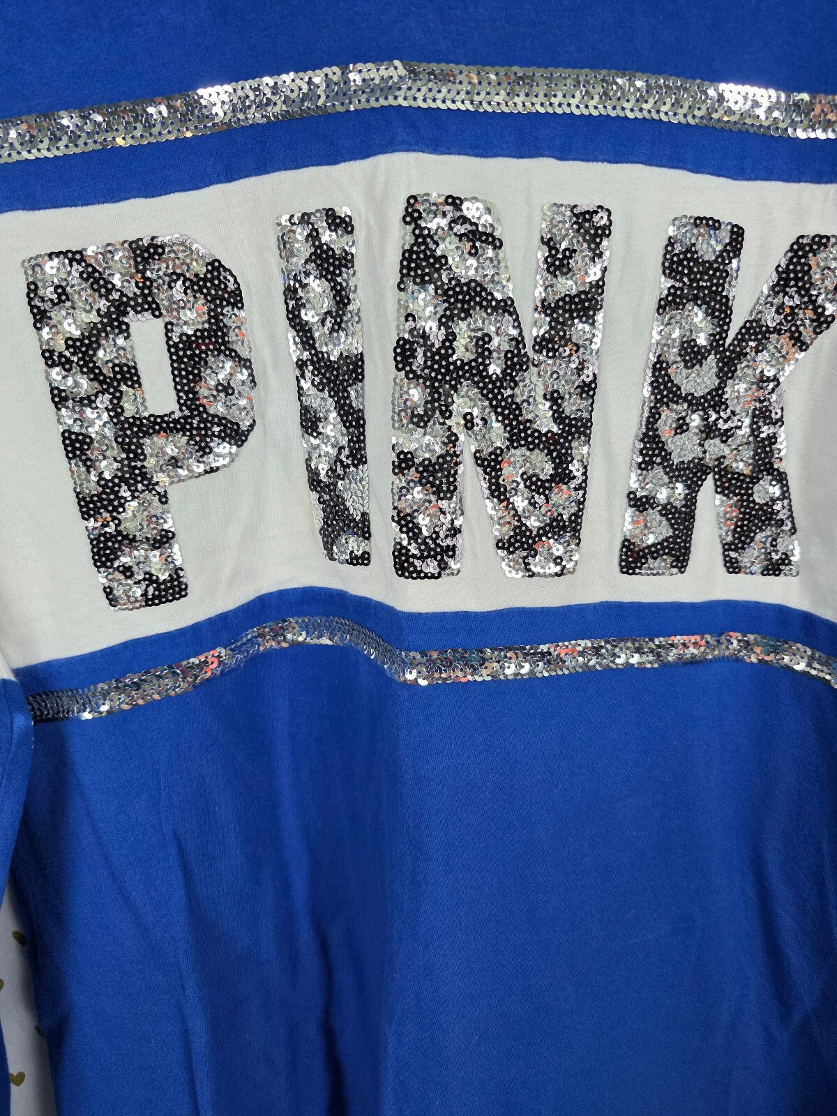 Victorias Secret PINK Cheetah Bling Sequined Long sleeve Colorblock Blue Tee M