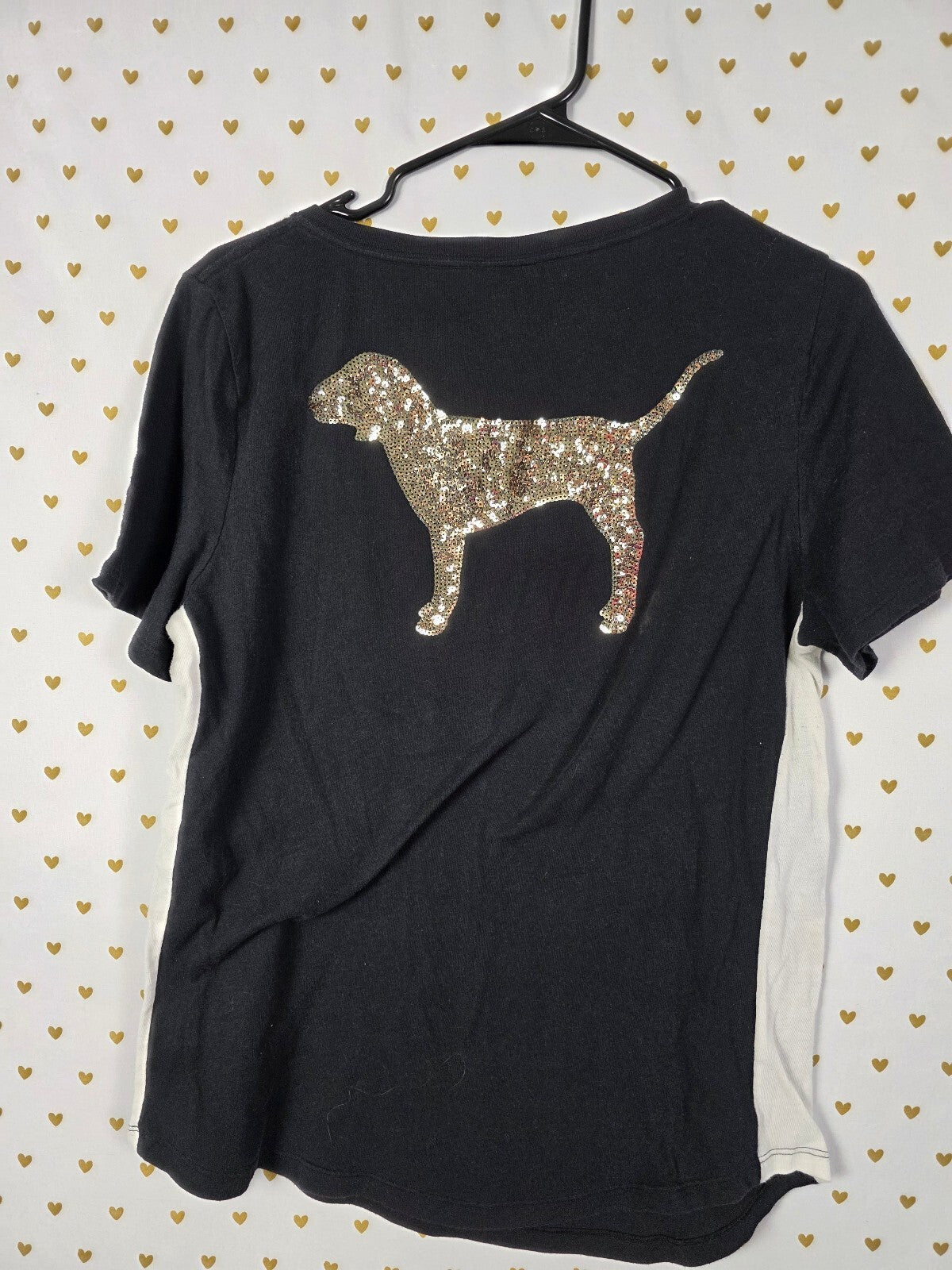 Victorias Secret PINK Gold BLING Sequined V neck Tee shirt LARGE