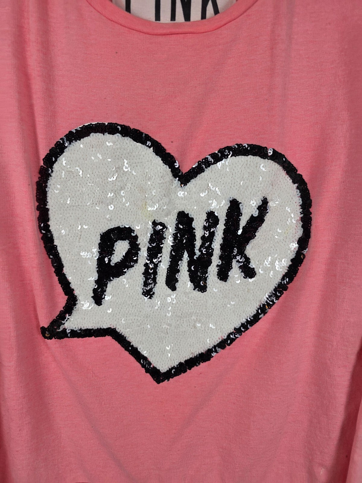Victoria's Secret PINK Sequin Heart Sweatshirt Coral Pink Pullover Size S