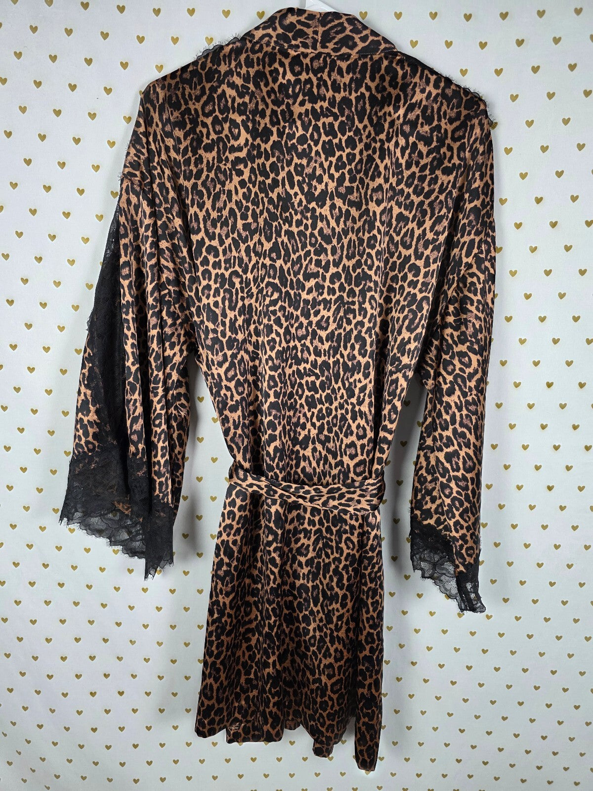 Victoria's Secret Leopard Satin Robe M/L Black Lace Kimono Animal Print