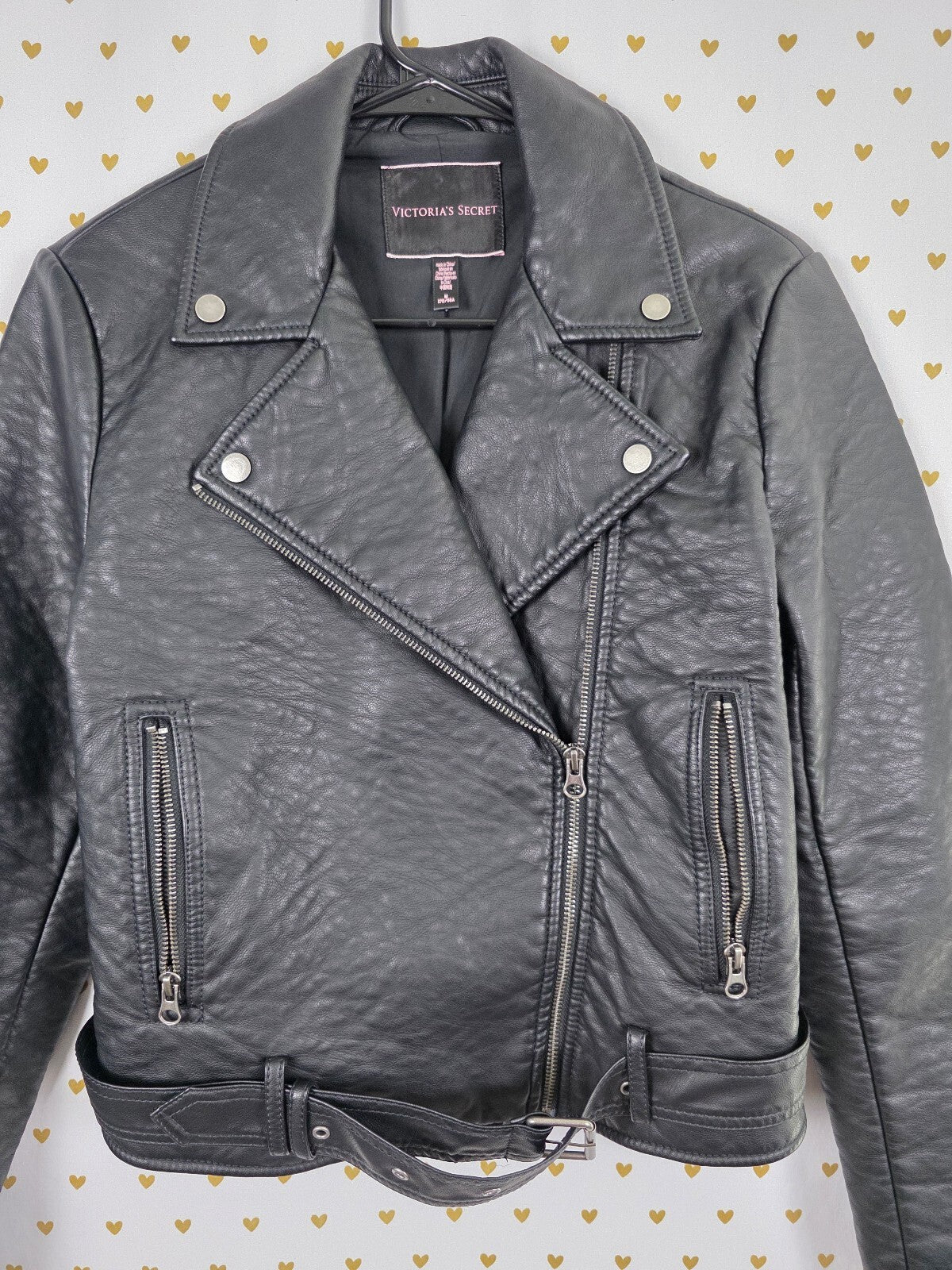 Victoria's Secret Black Faux Leather Pebbled Moto Biker Jacket Belted M