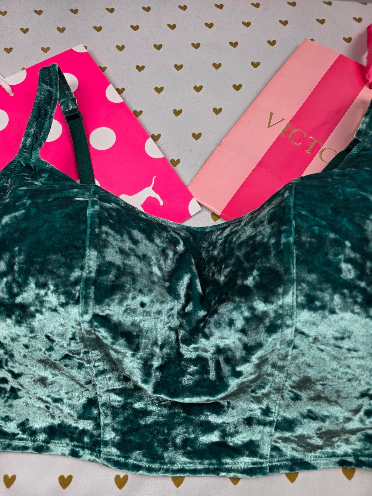 Victorias Secret Pink Crushed Green Velvet Large Bralette Bra Top Tank