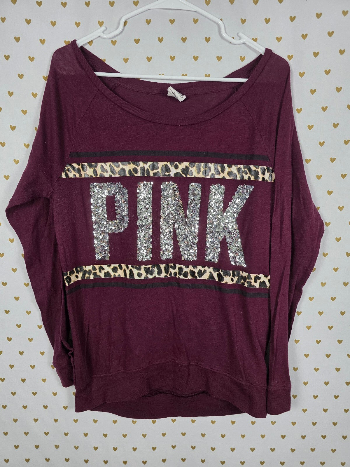 Victorias Secret PINK Bling Sequin Leopard Stripe Long Sleeve Tee shirt MEDIUM