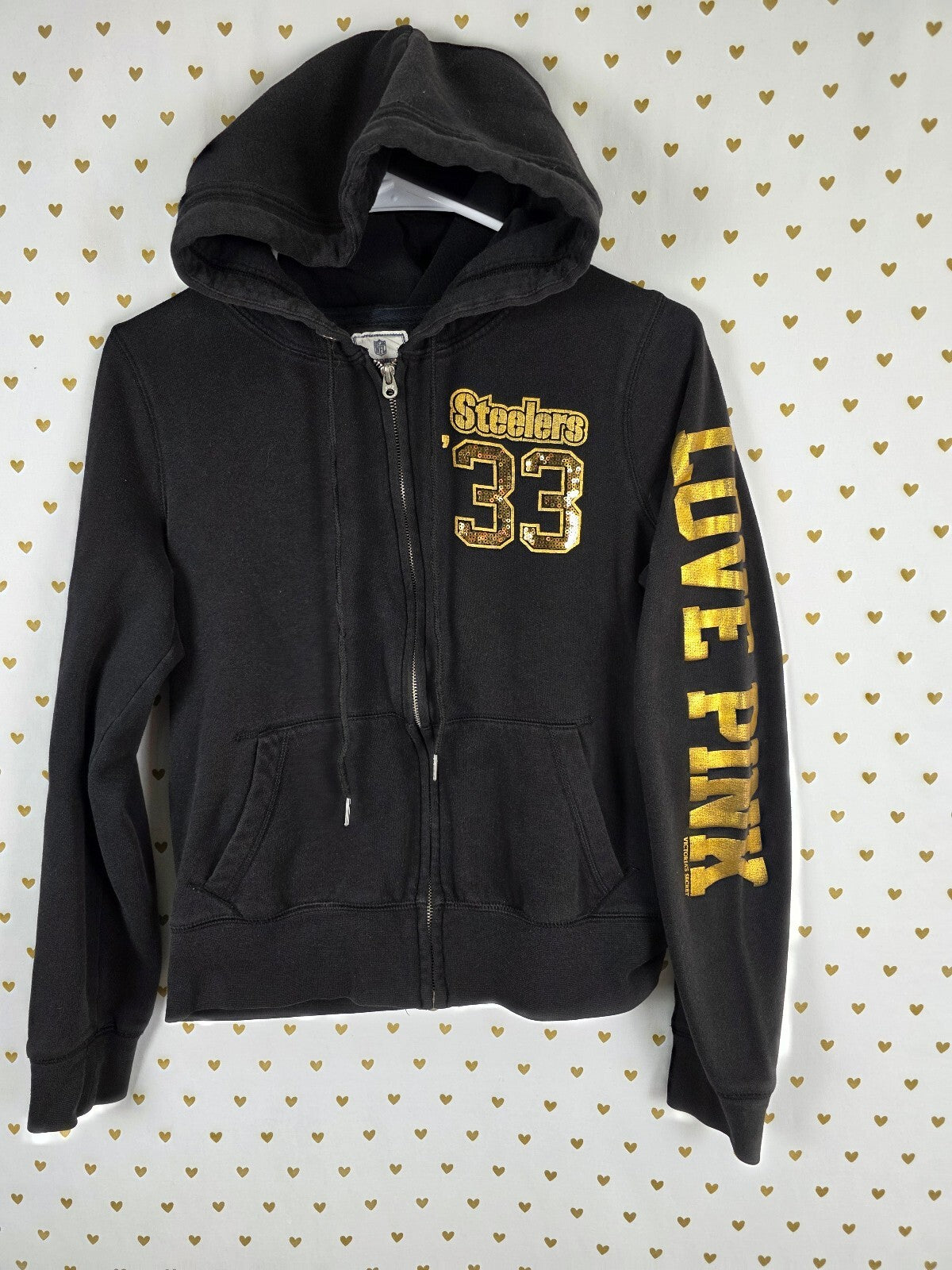 Victoria’s Secret PINK Steelers 33 BLING Sequin Zip Hoodie NFL Medium Black Gold
