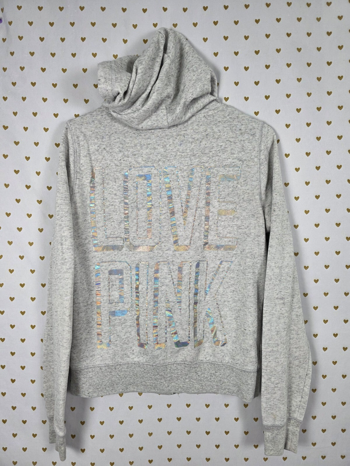 Victorias Secret Pink Grey Holographic Logo Full Zip Hoodie Jacket Medium