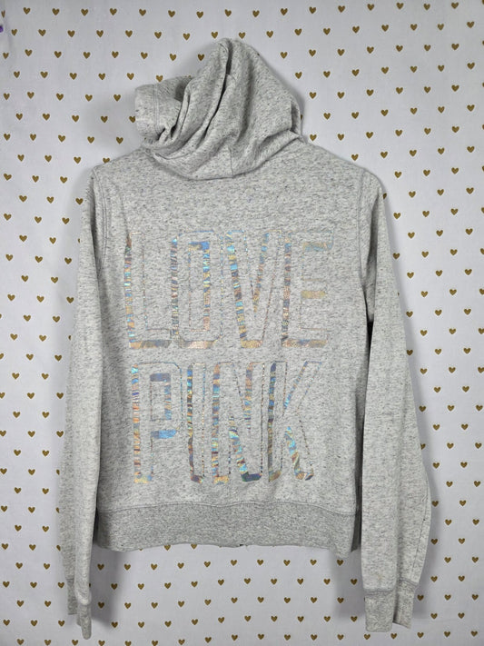 Victorias Secret Pink Grey Holographic Logo Full Zip Hoodie Jacket Medium