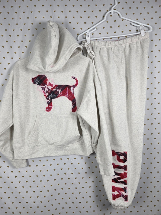 Victoria's Secret PINK x LoveShackFancy Dog Hoodie Jogger Set M Plaid BLING