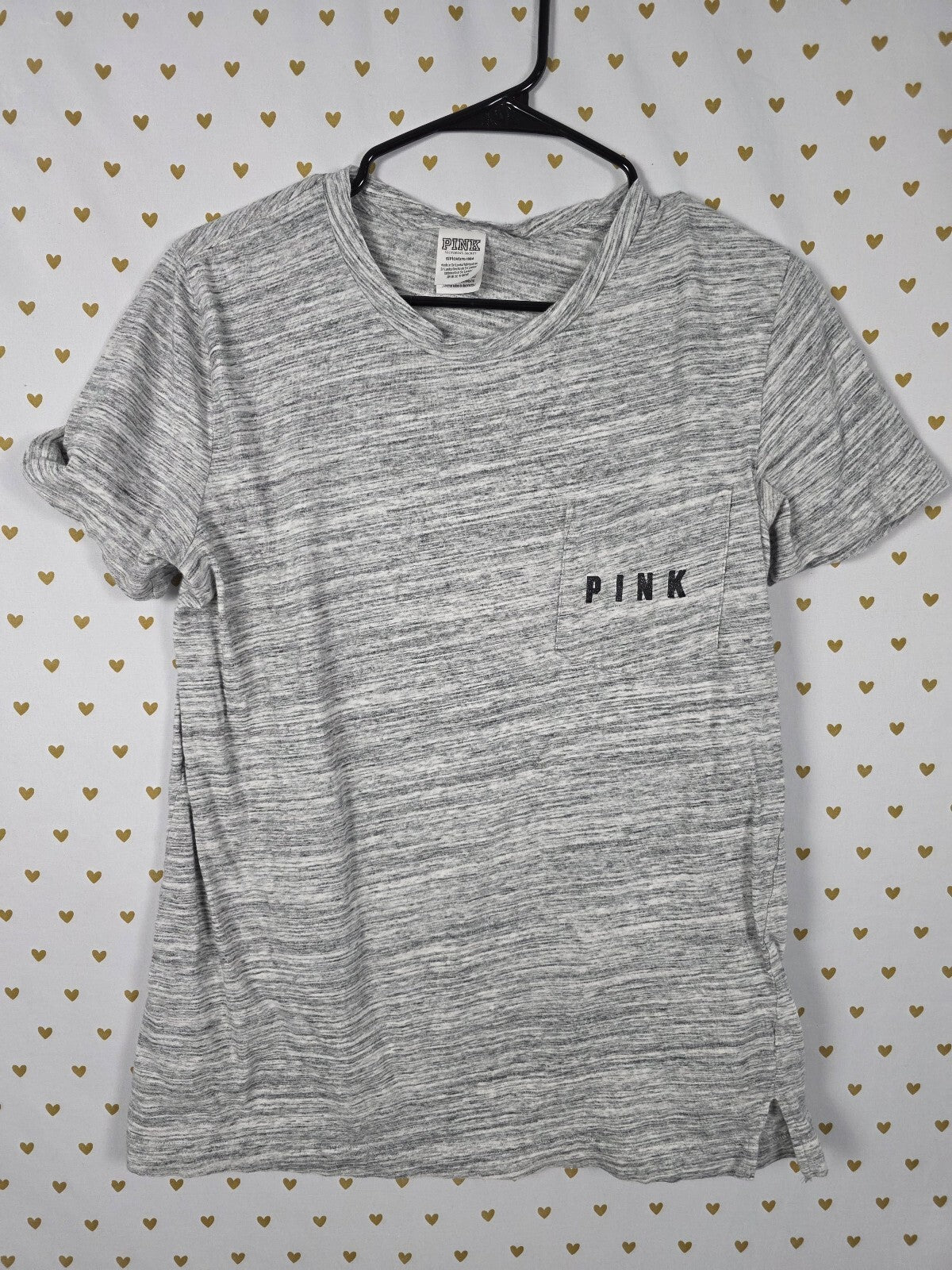 Victoria's Secret PINK Gray HTF Pocket Tee Sequin Buffalo Plaid Dog T-Shirt Sm