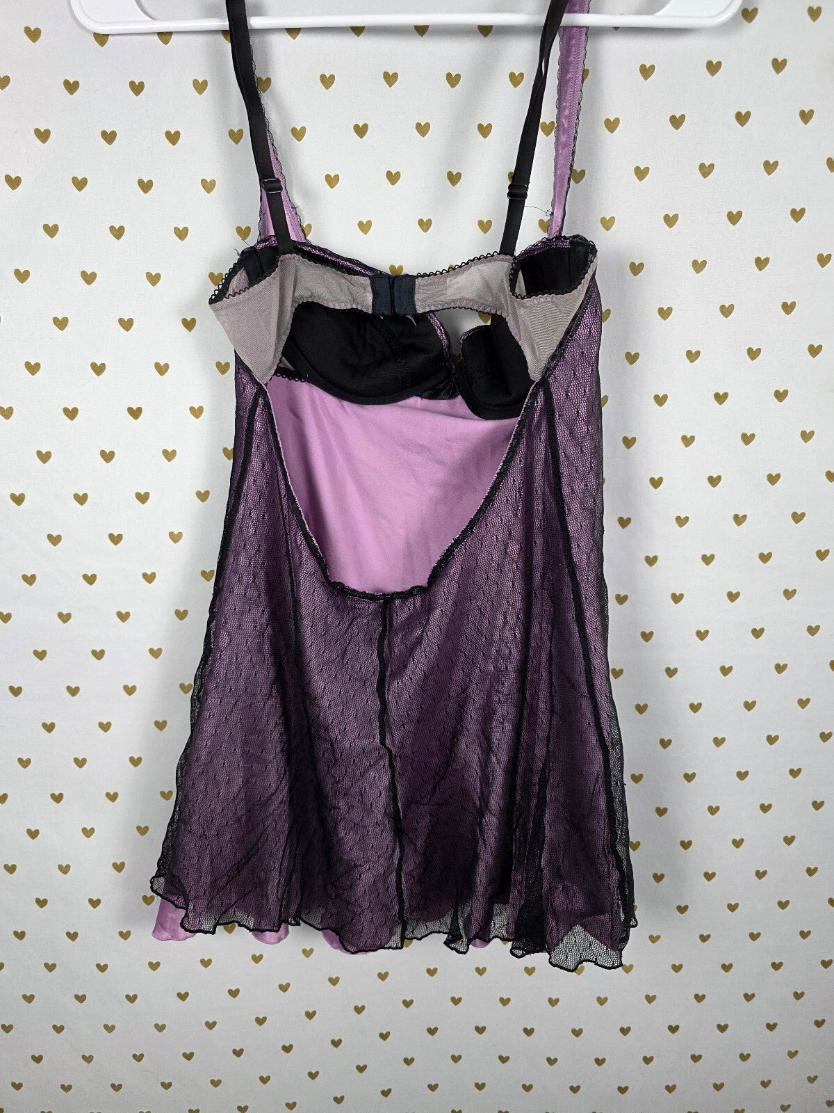Victoria's Secret 34B Purple Black Lace Mesh Babydoll Chemise Lingerie Y2K
