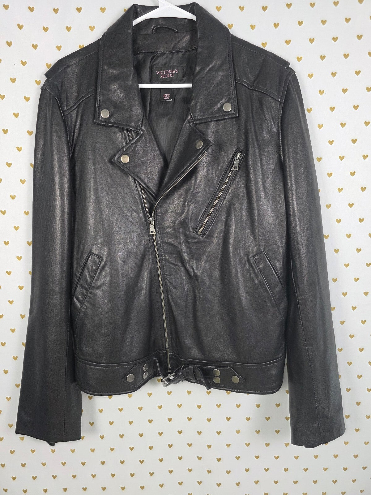 Victoria's Secret Genuine Leather Moto Jacket Black Biker Buckle XL