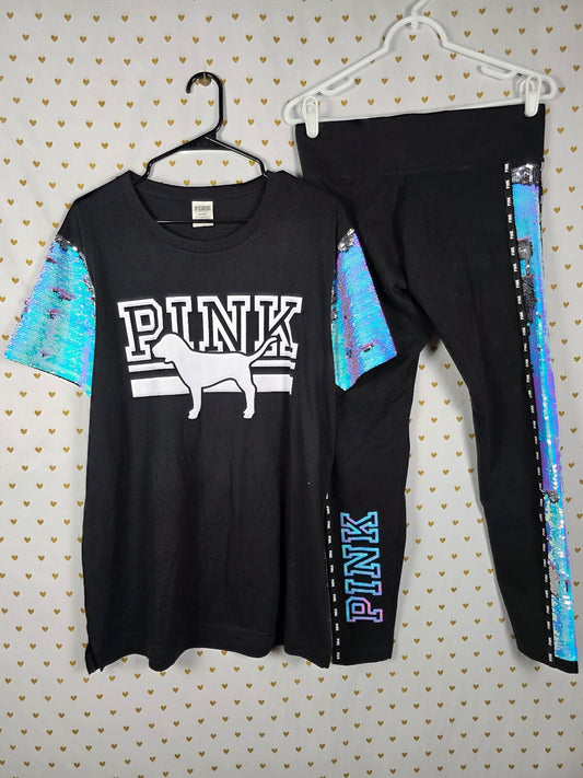 Victorias Secret PINK Mermaid Flip Sequin SET Yoga Pants Tee shirt MEDIUM Set