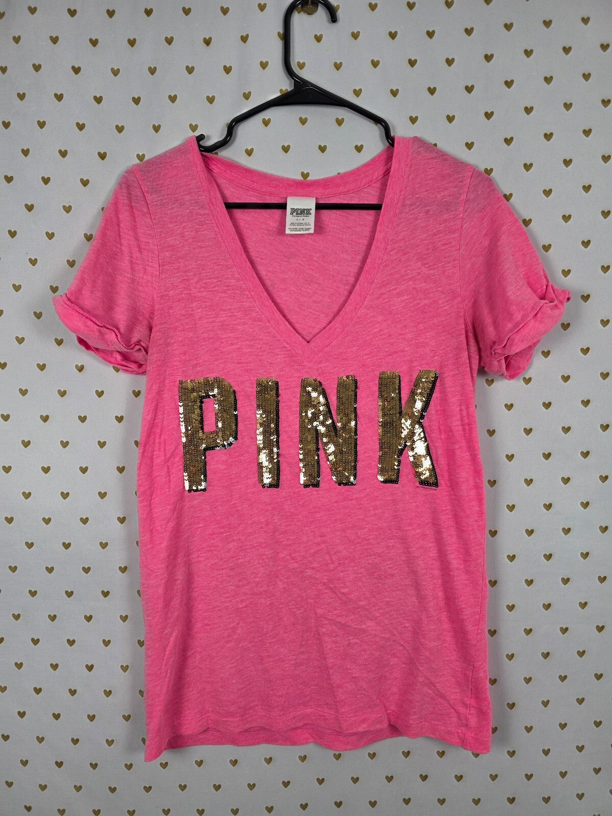 Victorias Secret PINK BLING Gold Sequined V neck Tee shirt LARGE