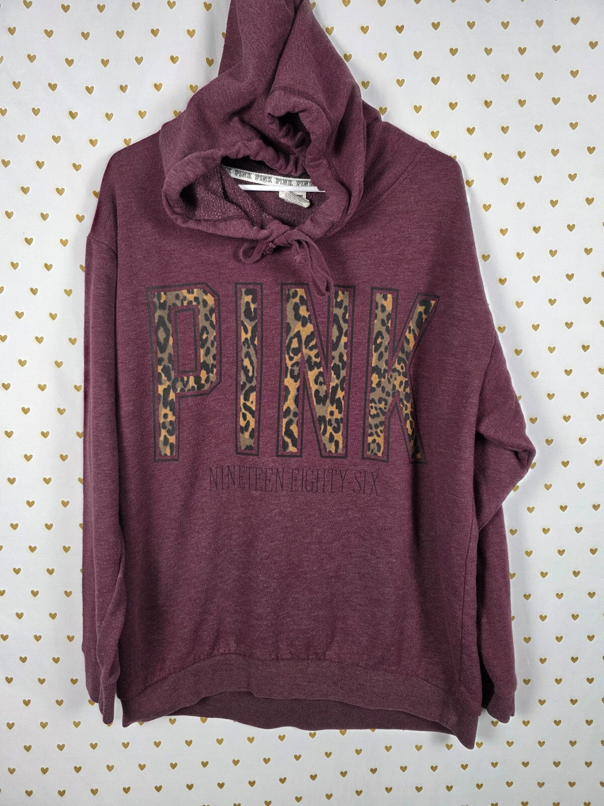 Victorias Secret Pink Cheetah Leopard Maroon Hooded Sweater Shirt Medium