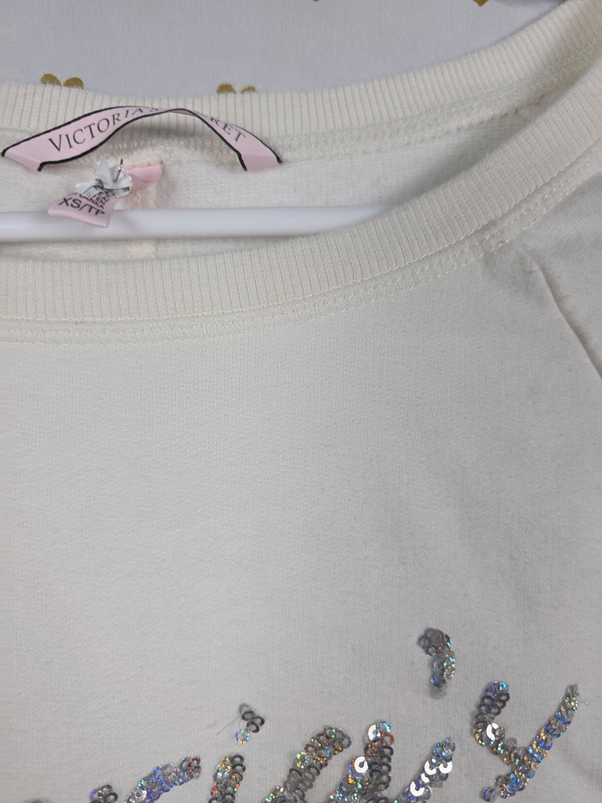 Victorias Secret BLING logo White Crew Sweater Shirt Silver sequined XS