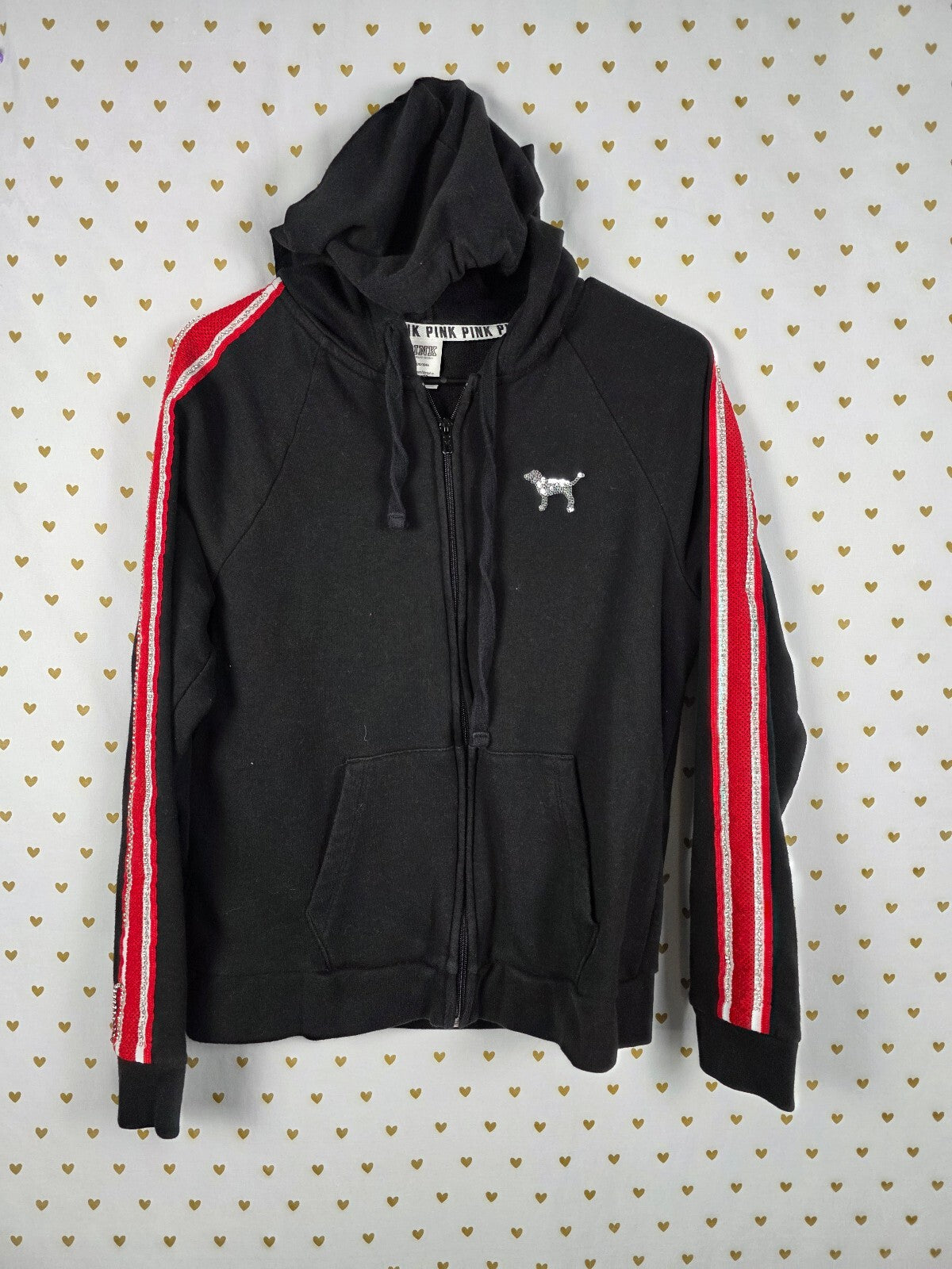 Victorias Secret Pink BLING Striped Crest Full Zip Hoodie Jacket LARGE Sequined