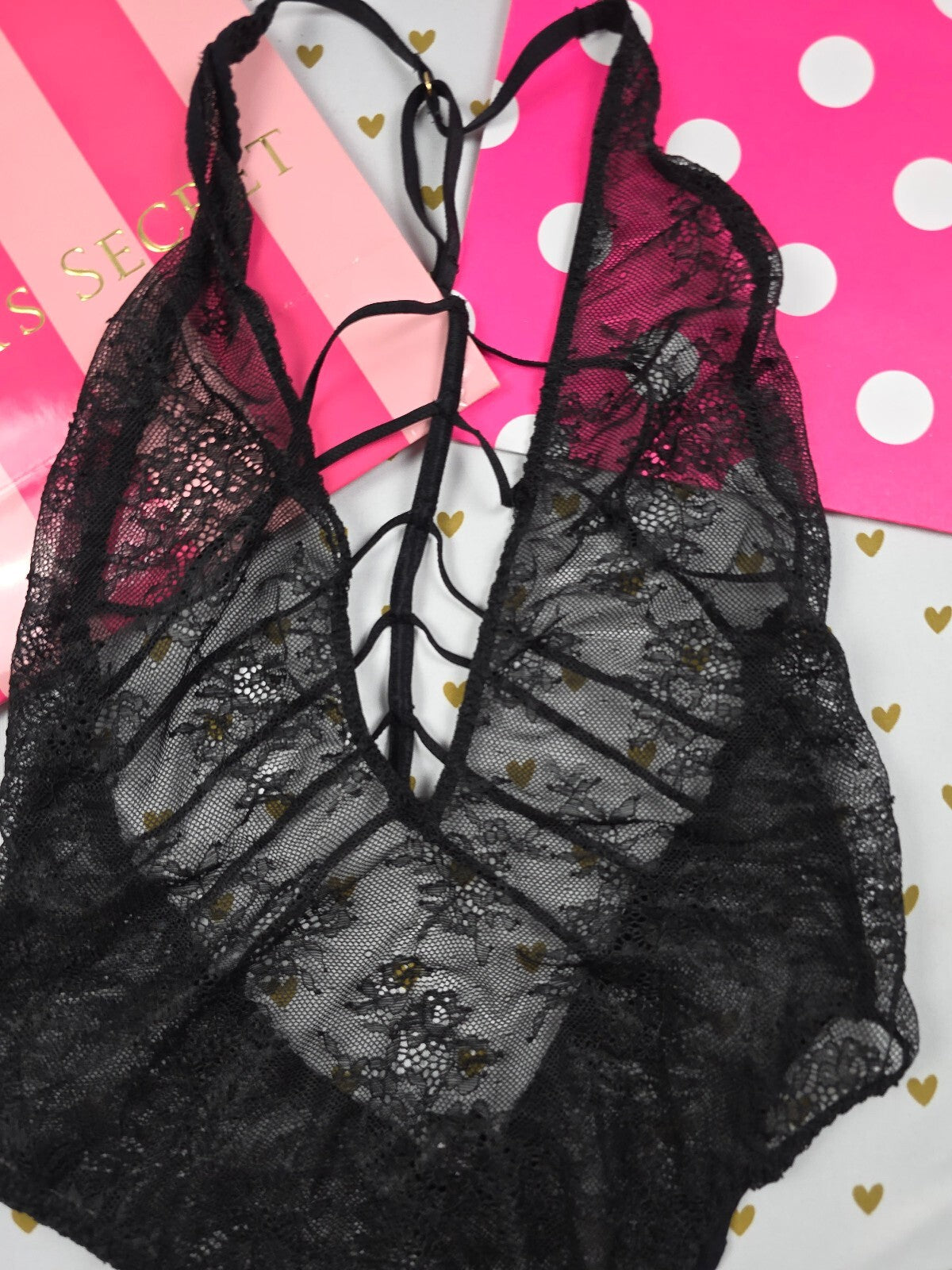 Victoria's Secret Black Floral Lace Teddy Bodysuit S Strappy Open Back Sheer