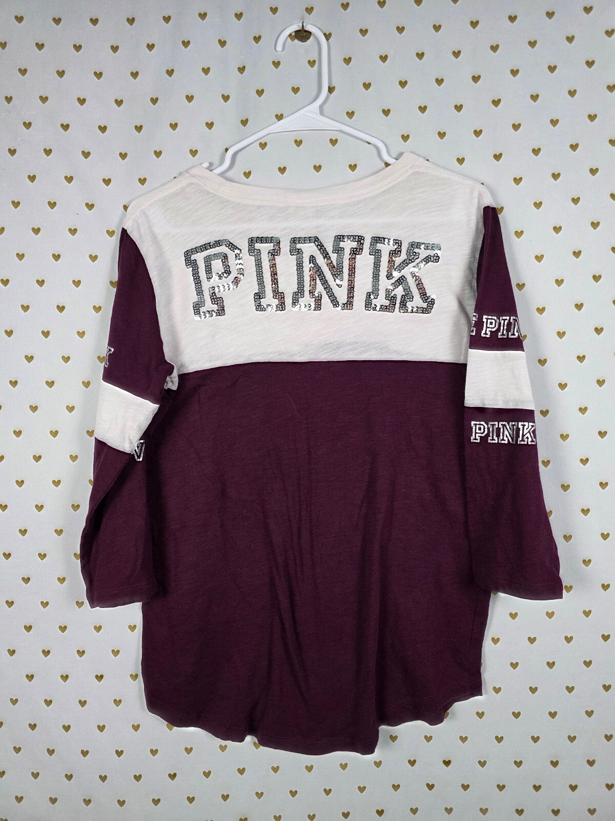 Victorias Secret PINK Large Sequin Bling Tee shirt Colorblock Maroon