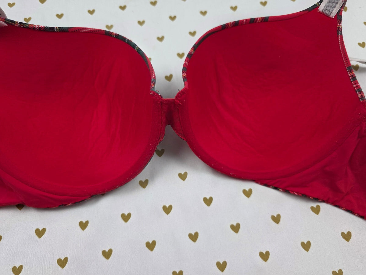 Victorias Secret Logo Strap Plaid T Shirt Push Up Bra Red Full Coverage 36D