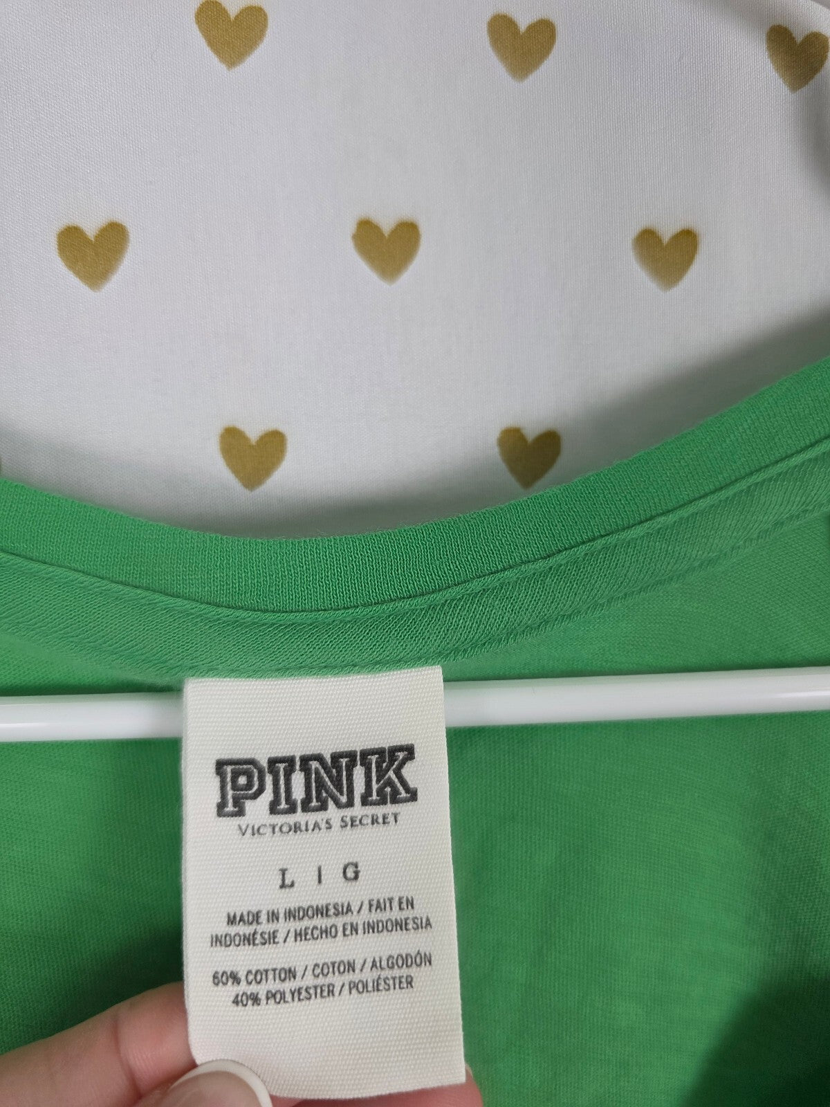 Victorias Secret PINK Bling Green PARTY YOUR SHAMROCKS OFF Tee shirt LARGE