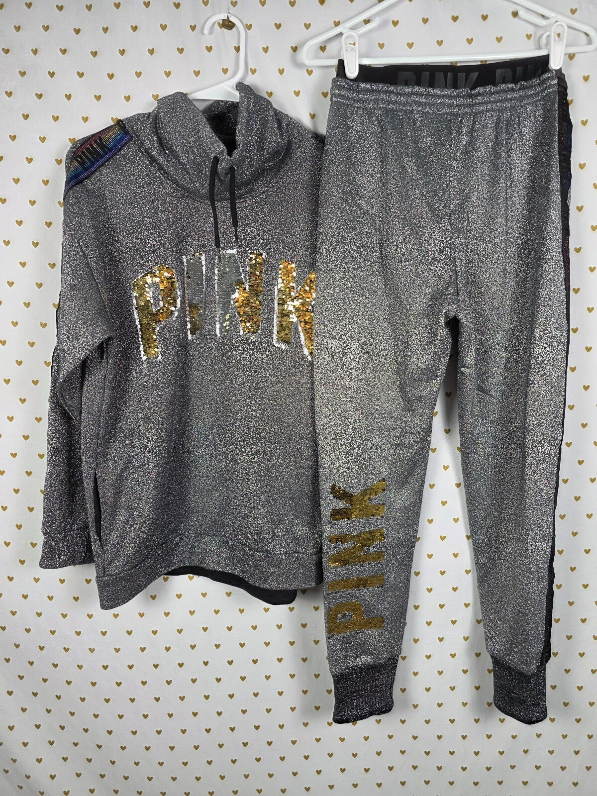 Victoria's Secret PINK Shimmer Flip Sequin Rainbow Sweater Sweats Set SM BLING