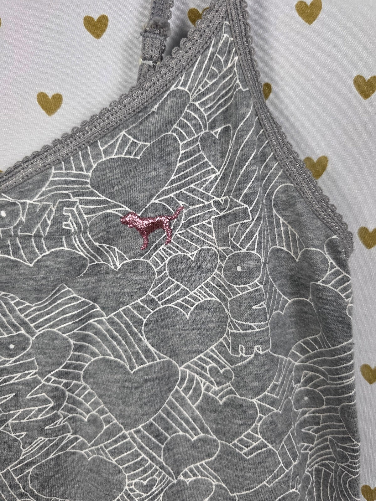 Victoria's Secret PINK Tank Dress XS Gray Hearts Dog Side Tie Ruched Sleep