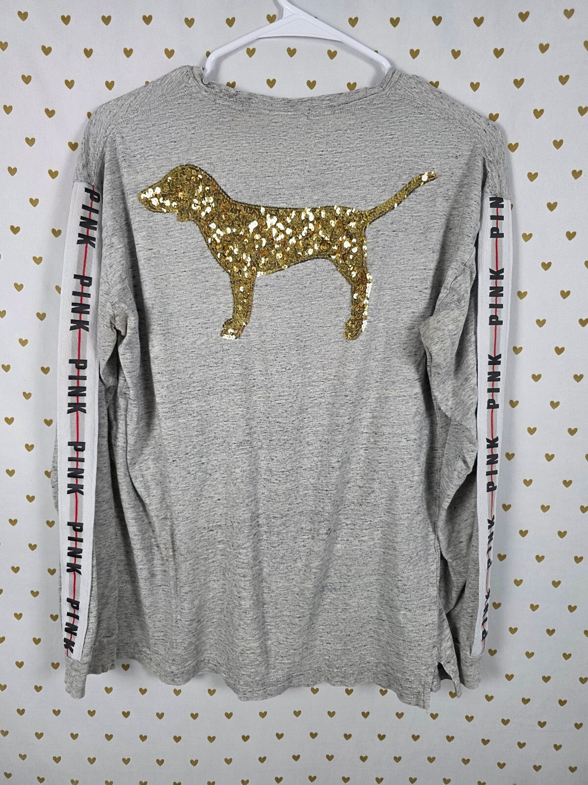 Victorias Secret PINK Gold Bling Sequined Dog Logo Long sleeve tee shirt SMALL