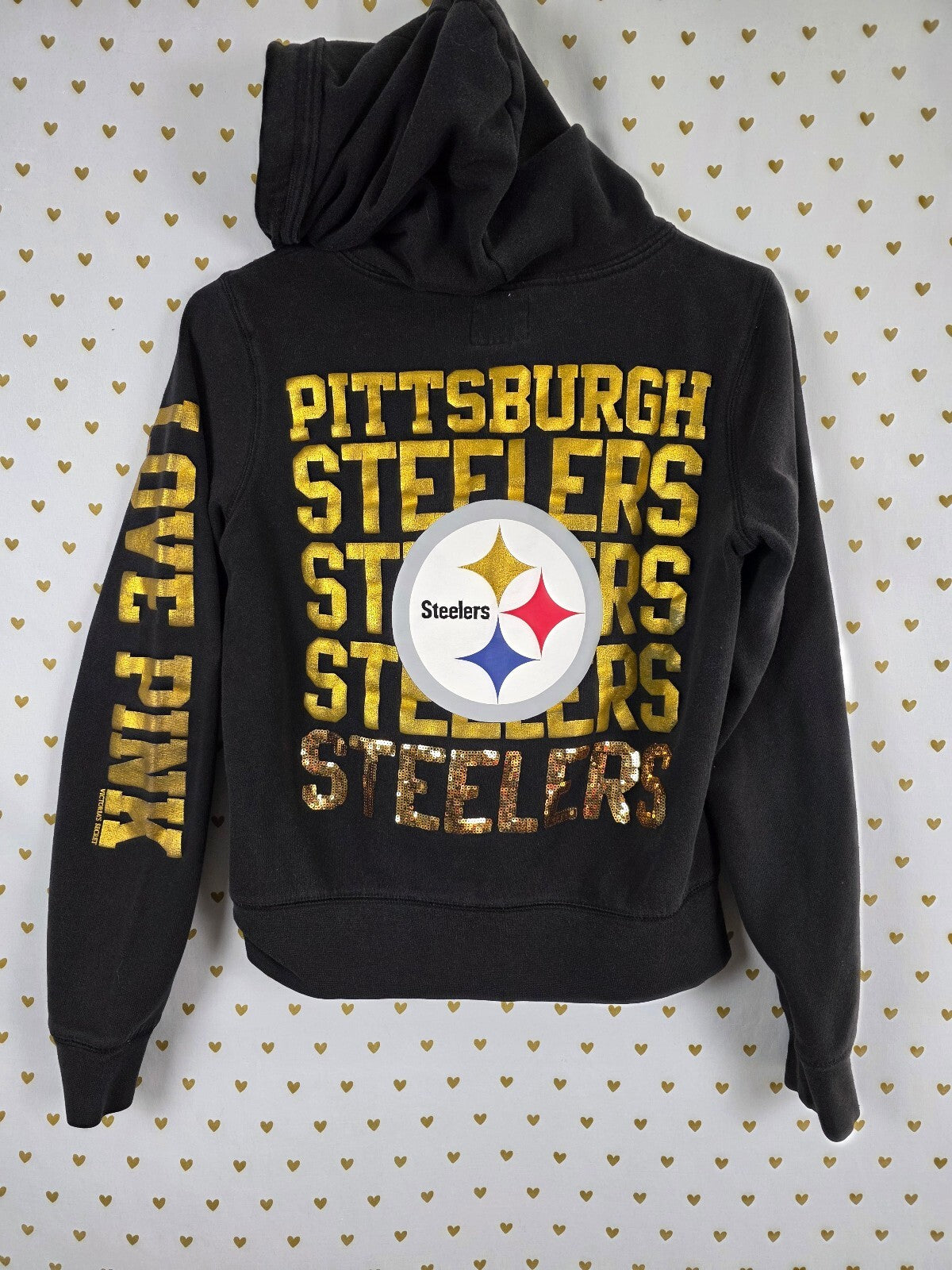 Victoria’s Secret PINK Steelers 33 BLING Sequin Zip Hoodie NFL Medium Black Gold