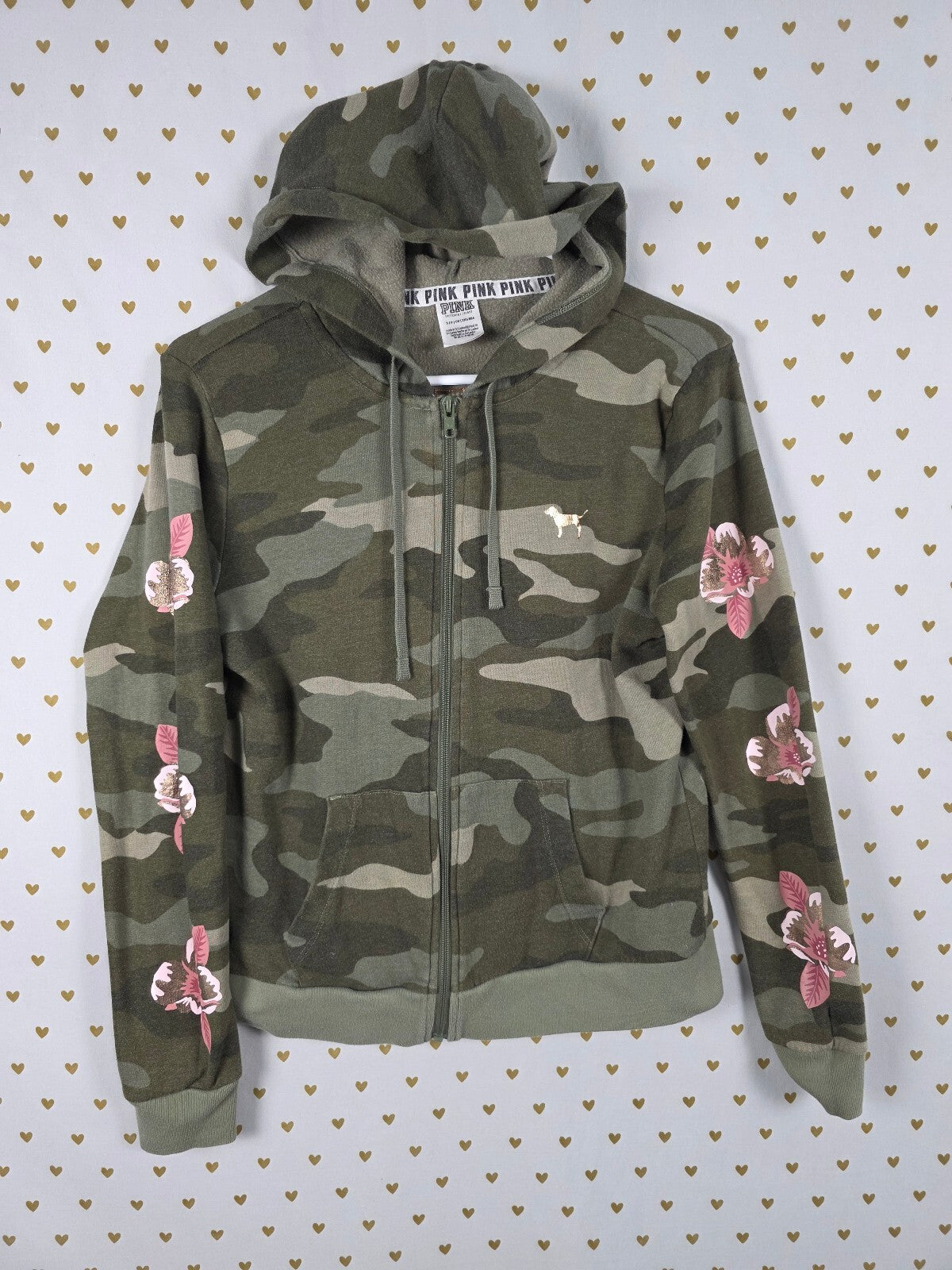 Victorias Secret Pink CAMO FLORAL BLING Sequin Gold Full Zip Hoodie Jacket SMALL