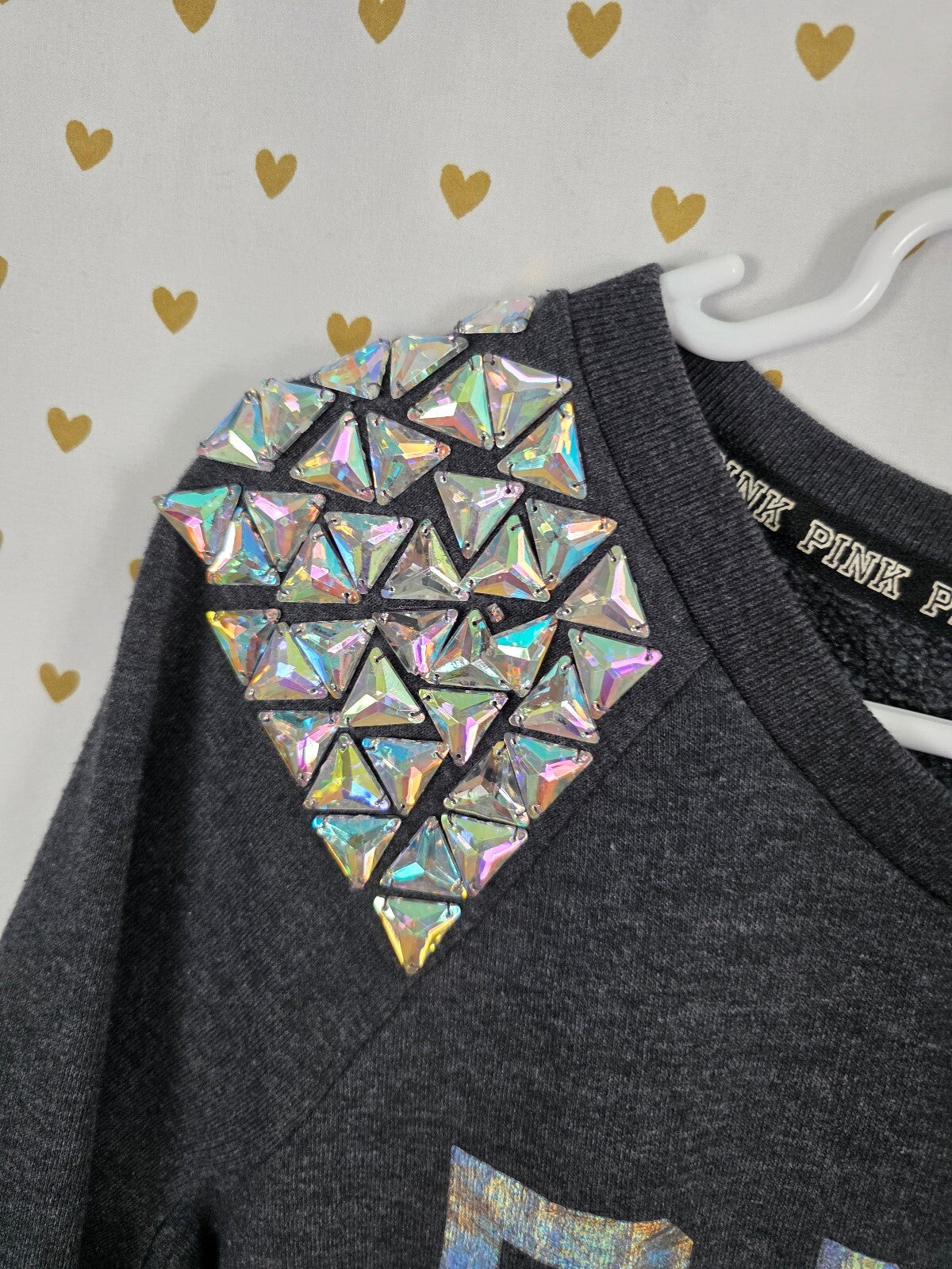 Victorias Secret Pink Bling Geometric Gem Shoulder Crew Sweater Logo Small