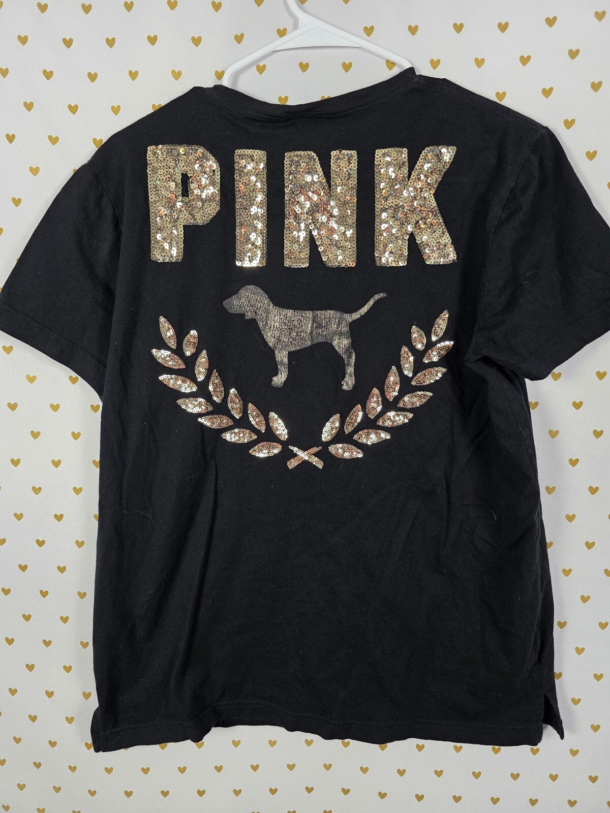 Victorias Secret PINK GOLD BLING Crest Logo Tee Shirt Sequined Medium