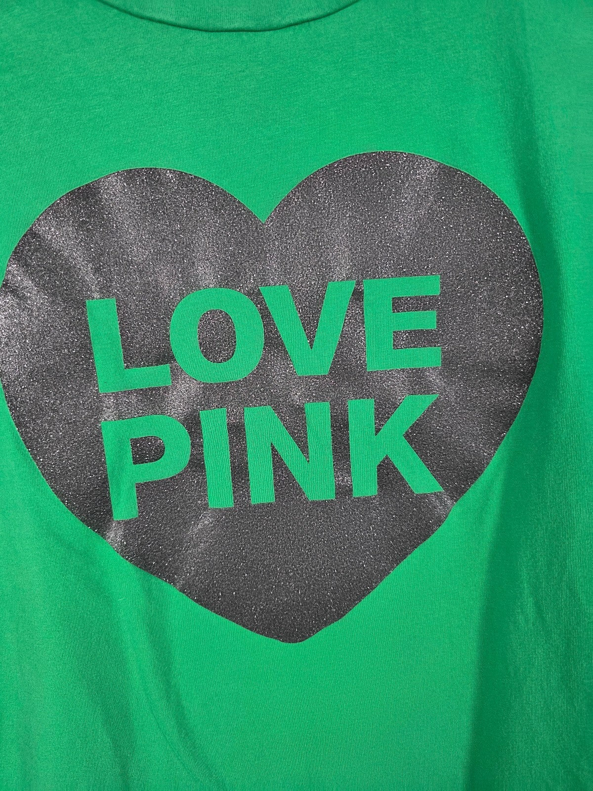 PINK Victoria's Secret Love Heart Glitter Tee Green SMALL Shirt Campus Originals