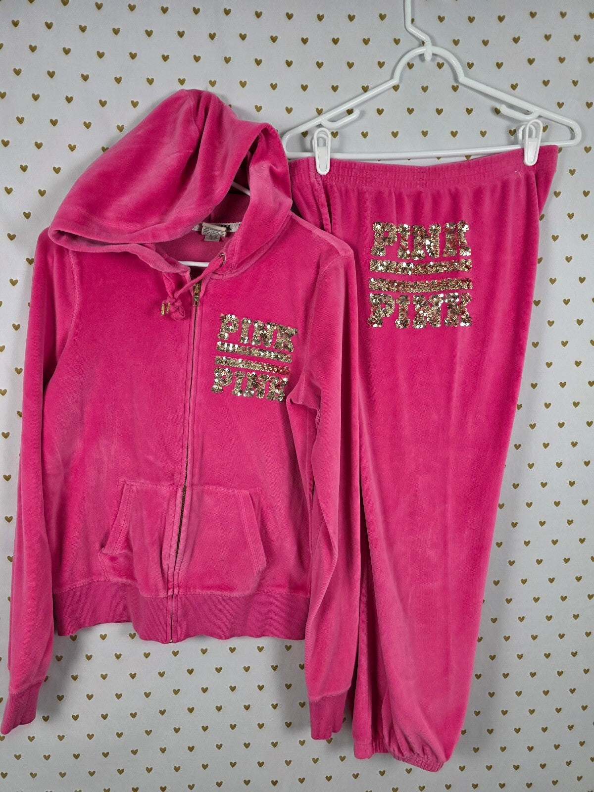 Victoria's Secret PINK Velour Bling Sequin Hoodie Jogger Set Pink S M Y2K
