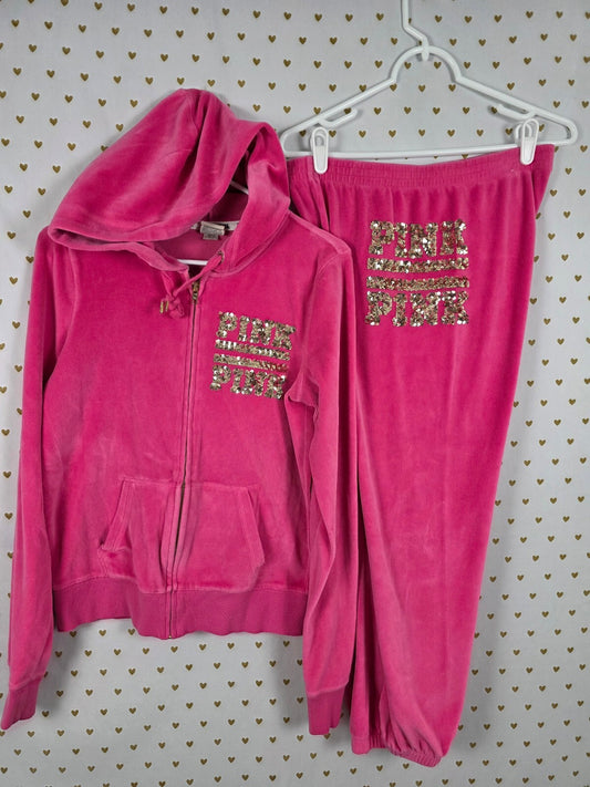 Victoria's Secret PINK Velour Bling Sequin Hoodie Jogger Set Pink S M Y2K